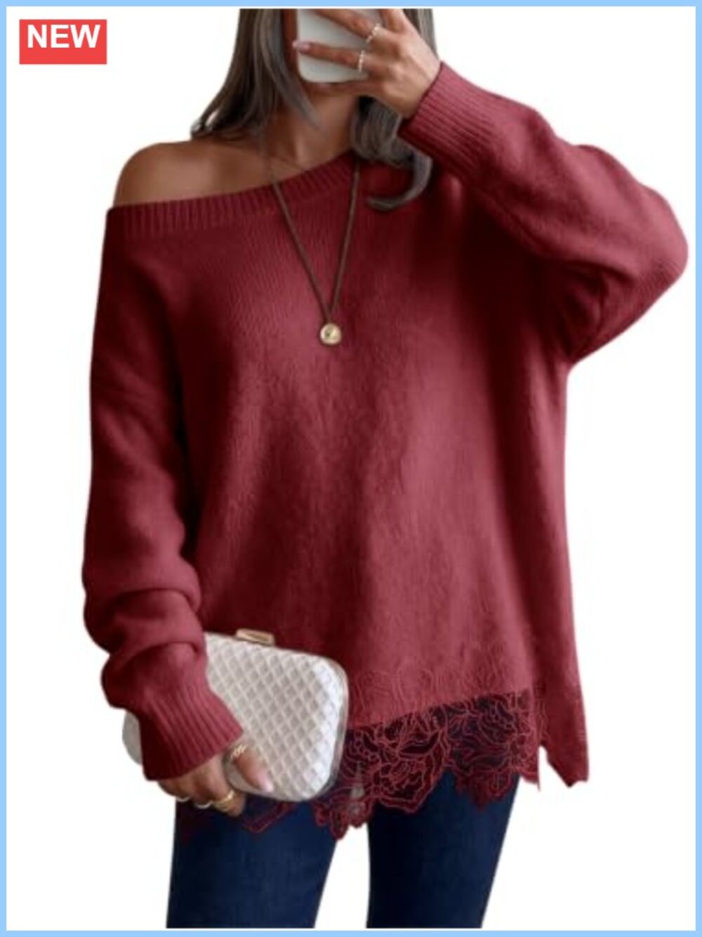 Womens Lace Patchwork Sweater Long Sleeve Boat Neck Pullover Knit Top